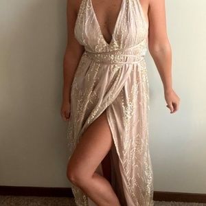 showpo blush prom dress criss cross sequin maxi slit v neck gold sparkle